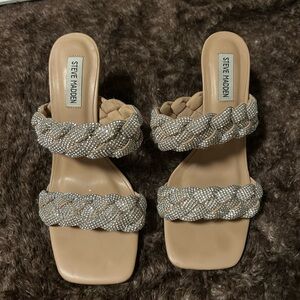 Steve Madden Tan Braided Crystal Double-Strap Slide Sandals